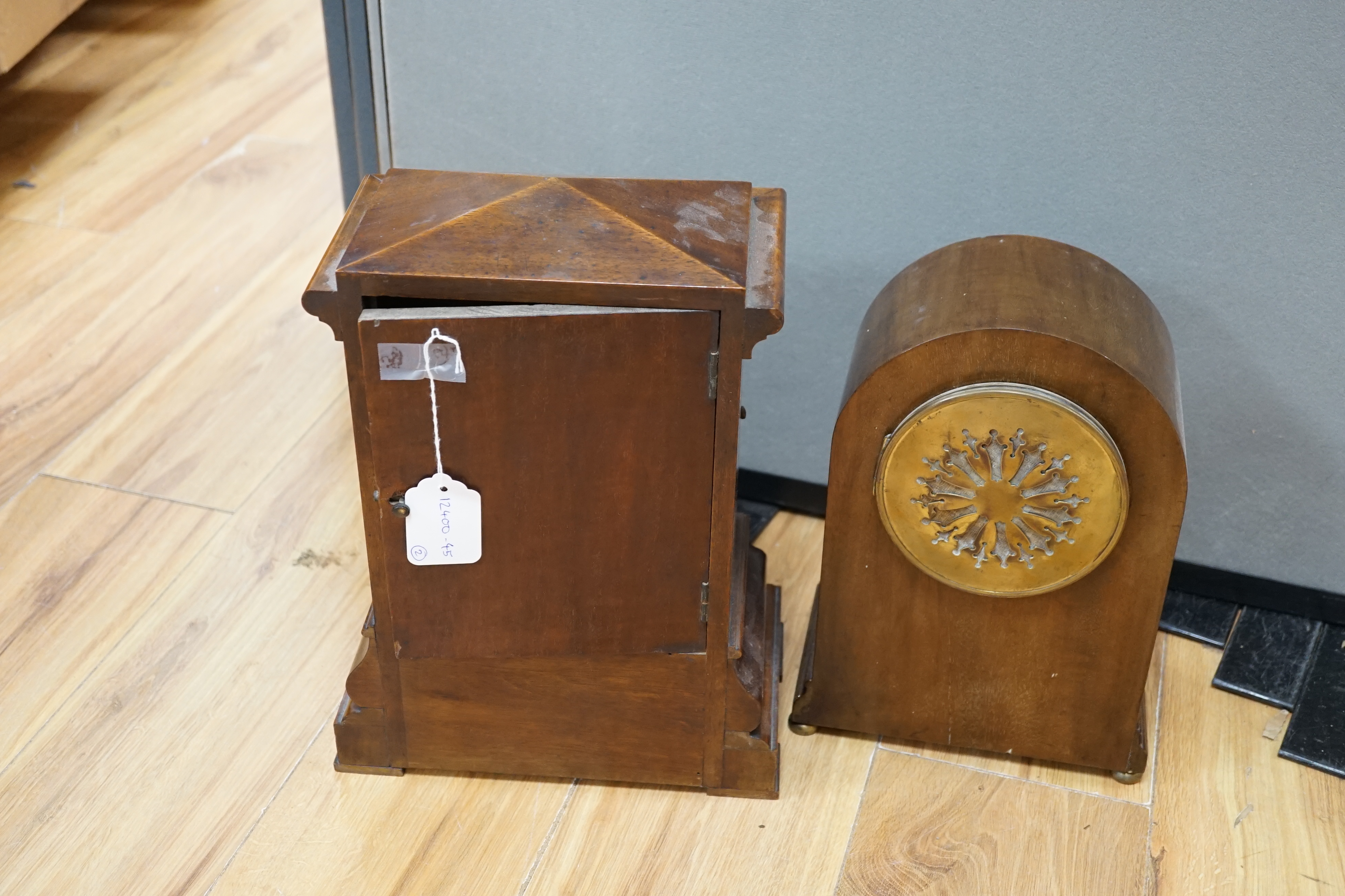 Two early 20th century mantel clocks; a mahogany timepiece and an inlaid Edwardian clock with engine turned face, striking on a coiled gong, tallest 35cm